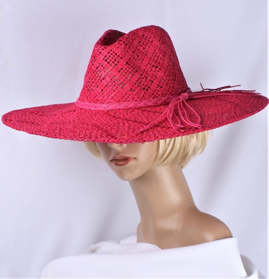 HEAD START  crocheted straw fedora w wide brim and band h pink Style:HS/5013 image 0